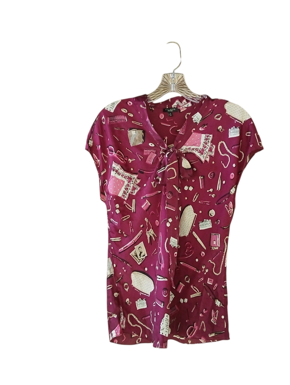 Talbots Burgundy Vintage  Retro Print Cap Sleeve Neck Tie Silk Blouse Size 12